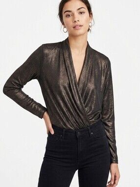 Arden B Metallic Bronze Wrap Bodysuit Long Sleeve Deep V Neck Size L
